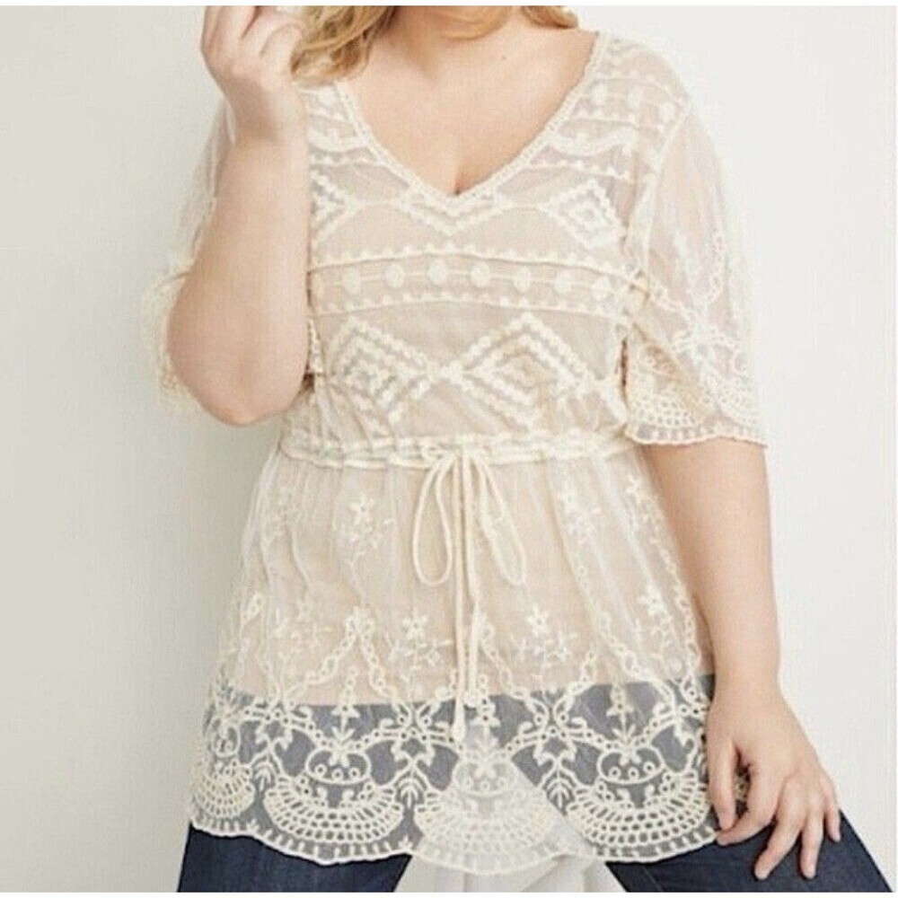 LANE BRYANT Ivory Crochet Lace Tunic Top Cover Up 18/20 Sheer Romantic Boho